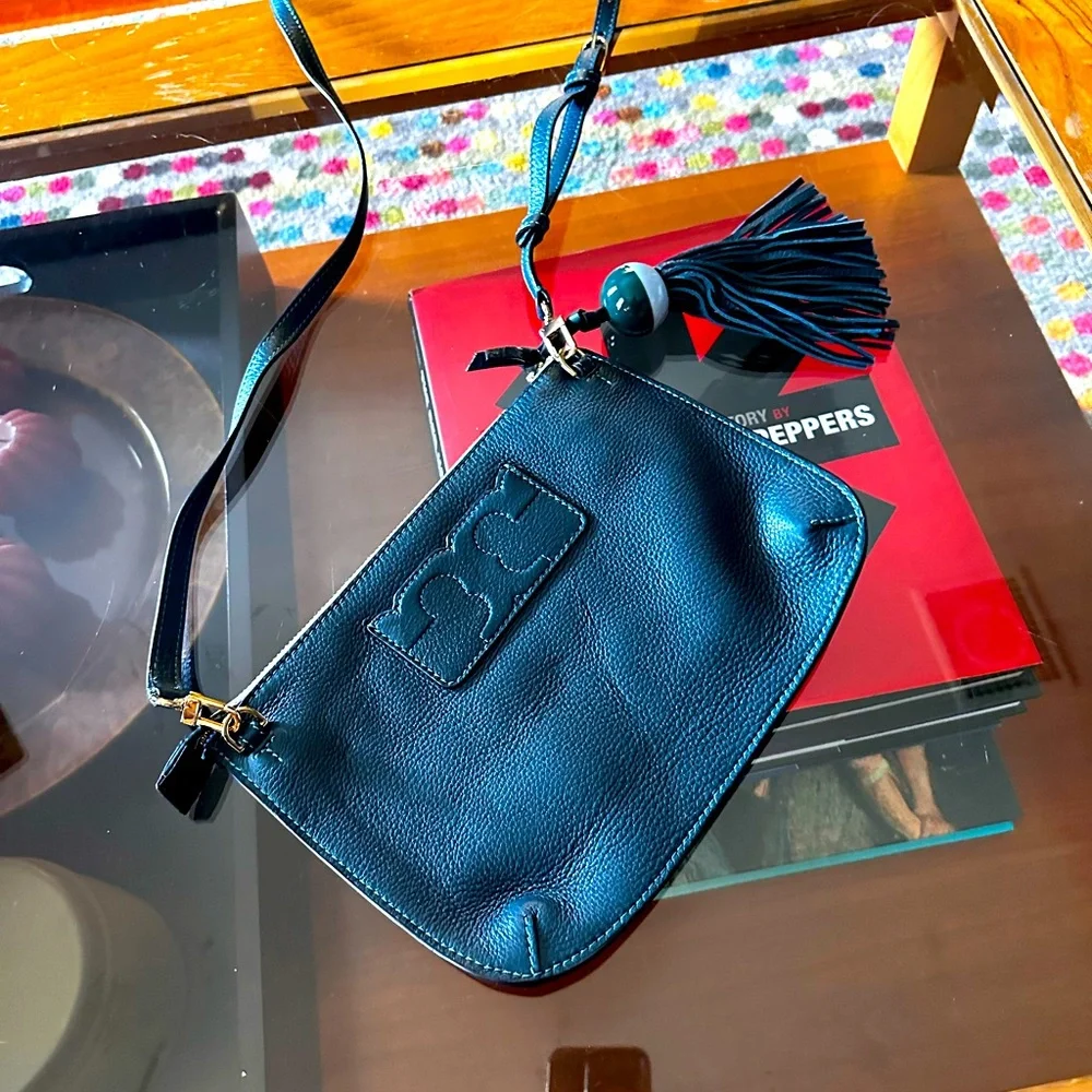 Tory Burch slim crossbody teal with removable tassel fisherman’s bobber tassel